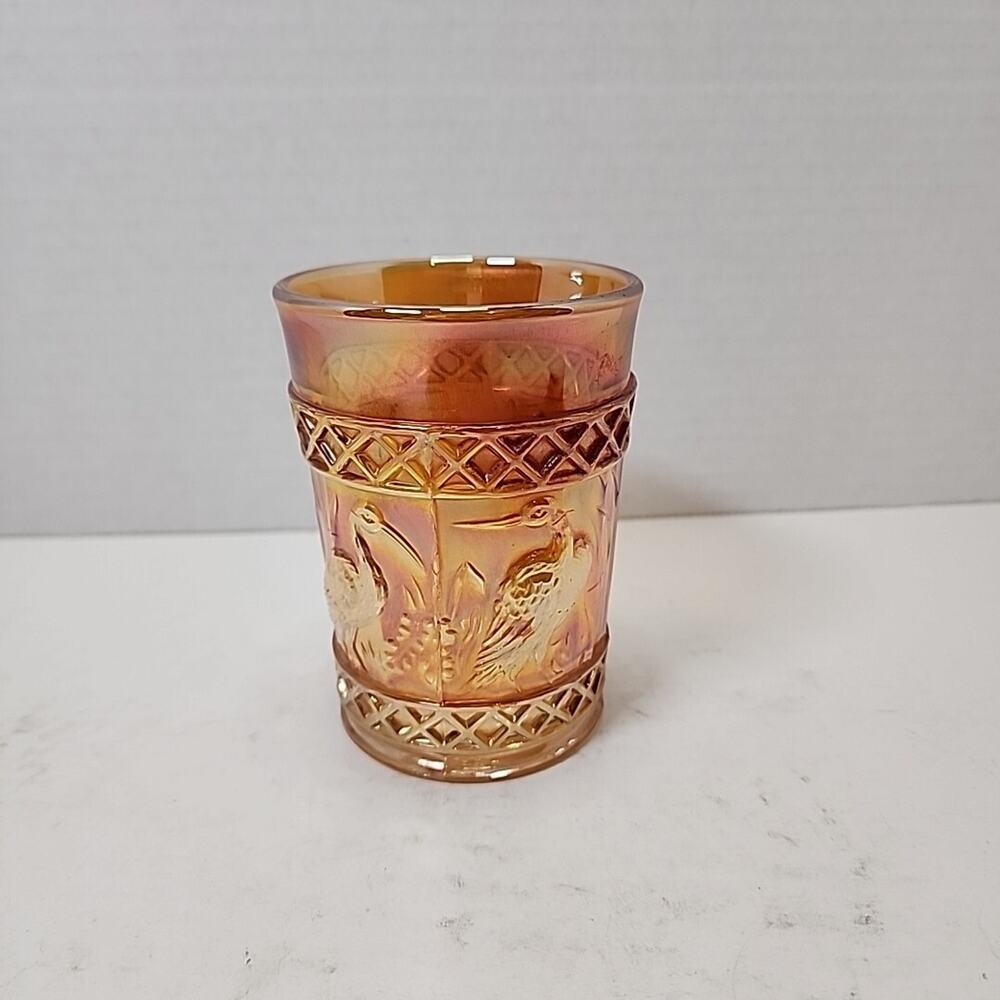 Vtg Dugan Glass Diamond Marigold Carnival Glass Stork and Rushes Lattice Cup